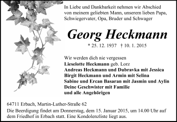 Traueranzeige von Georg Heckmann von Odenwälder Echo