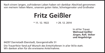 Traueranzeige von Fritz Geißler von Echo-Zeitungen (Gesamtausgabe)