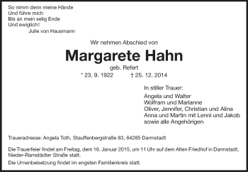 Traueranzeige von Margarete Hahn von Echo-Zeitungen (Gesamtausgabe)