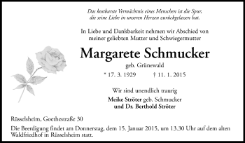 Traueranzeige von Margarete Schmucker von Rüsselsheimer Echo, Groß-Gerauer-Echo, Ried Echo