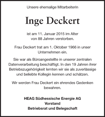 Traueranzeige von Inge Deckert von Echo-Zeitungen (Gesamtausgabe)