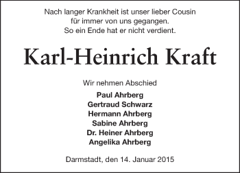 Traueranzeige von Karl-Heinrich Kraft von Echo-Zeitungen (Gesamtausgabe)