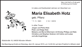 Traueranzeige von Maria Elisabeth Hotz von Echo-Zeitungen (Gesamtausgabe)