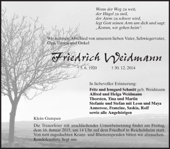 Traueranzeige von Friedrich Weidmann von Odenwälder Echo