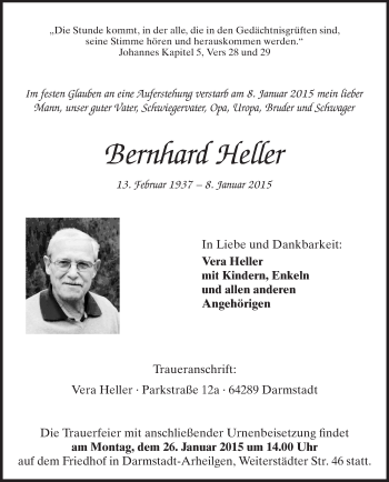 Traueranzeige von Bernhard Heller von Echo-Zeitungen (Gesamtausgabe)