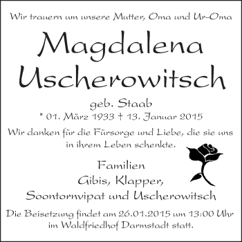 Traueranzeige von Magdalena Uscherowitsch von Echo-Zeitungen (Gesamtausgabe)