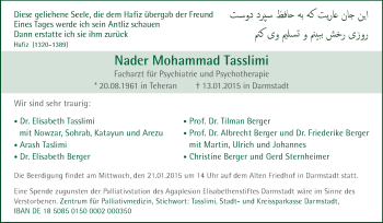 Traueranzeige von Nader Mohammad Tasslimi von Echo-Zeitungen (Gesamtausgabe)