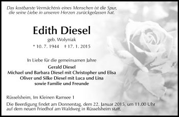 Traueranzeige von Edith Diesel von Rüsselsheimer Echo, Groß-Gerauer-Echo, Ried Echo