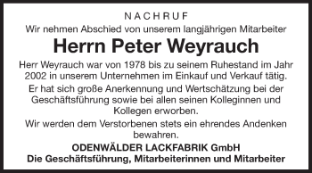 Traueranzeige von Peter Weyrauch von Odenwälder Echo
