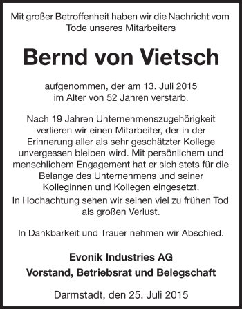 Traueranzeige von Bernd von Vietsch von Echo-Zeitungen (Gesamtausgabe)