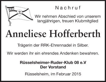 Traueranzeige von Anneliese Hofferberth von Rüsselsheimer Echo, Groß-Gerauer-Echo, Ried Echo