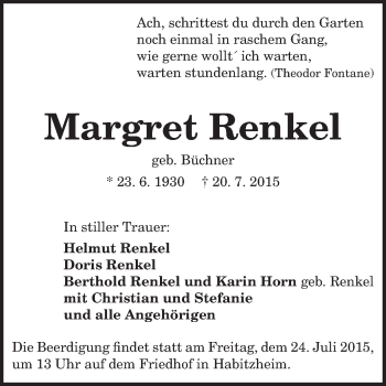 Traueranzeige von Margret Renkel von Echo-Zeitungen (Gesamtausgabe)