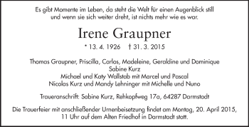 Traueranzeige von Irene Graupner von Echo-Zeitungen (Gesamtausgabe)