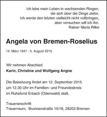 Traueranzeige von Angela von Bremen-Roselius von trauer.echo-online.de