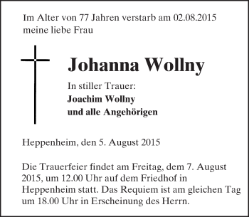 Traueranzeige von Johanna Wollny von trauer.echo-online.de