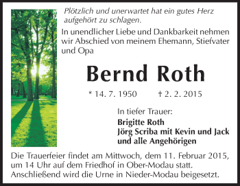 Traueranzeige von Bernd Roth von Darmstädter Echo, Odenwälder Echo, Rüsselsheimer Echo, Groß-Gerauer-Echo, Ried Echo