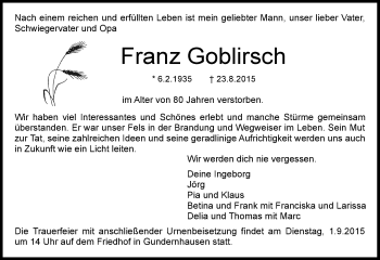 Traueranzeige von Franz Goblirsch von trauer.echo-online.de