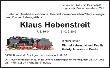 Traueranzeige von Klaus Hebenstreit von Echo-Zeitungen (Gesamtausgabe)