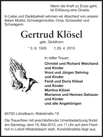 Traueranzeige von Gertrud Klösel von Odenwälder Echo