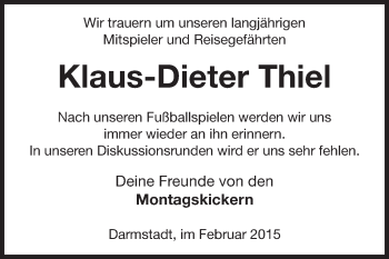 Traueranzeige von Klaus-Dieter Thiel von Echo-Zeitungen (Gesamtausgabe)