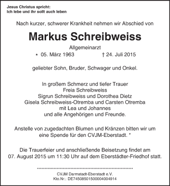 Traueranzeige von Markus Schreibweiss von trauer.echo-online.de