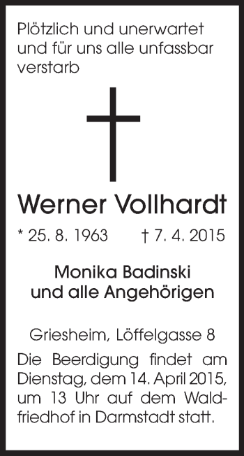 Traueranzeige von Werner Vollhardt von Echo-Zeitungen (Gesamtausgabe)