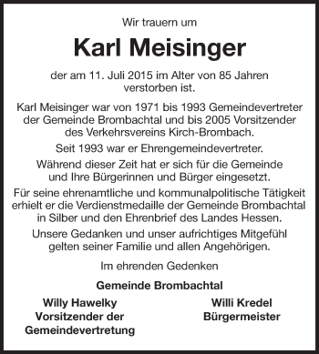 Traueranzeige von Karl Meisinger von Odenwälder Echo