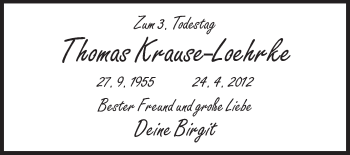 Traueranzeige von Thomas Krause-Loehrke von Echo-Zeitungen (Gesamtausgabe)