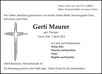 Traueranzeige von Gerti Maurer von Darmstädter Echo, Odenwälder Echo, Rüsselsheimer Echo, Groß-Gerauer-Echo, Ried Echo
