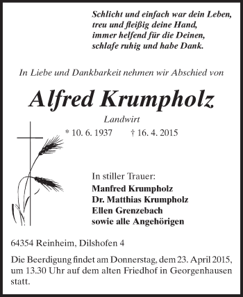 Traueranzeige von Alfred Krumpholz von Echo-Zeitungen (Gesamtausgabe)