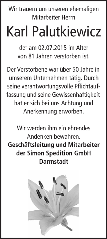 Traueranzeige von Karl Palutkiewicz von Echo-Zeitungen (Gesamtausgabe)