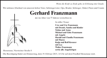 Traueranzeige von Gerhard Franzmann von Rüsselsheimer Echo, Groß-Gerauer-Echo, Ried Echo