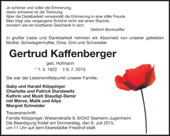 Traueranzeige von Gertrud Kaffenberger von Echo-Zeitungen (Gesamtausgabe)