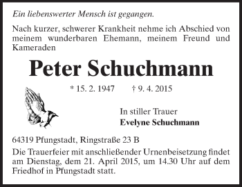 Traueranzeige von Peter Schuchmann von Echo-Zeitungen (Gesamtausgabe)