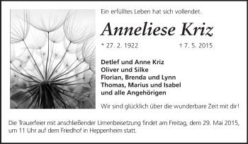 Traueranzeige von Anneliese Kriz von Starkenburger Echo