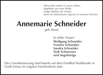 Traueranzeige von Annemarie Schneider von Rüsselsheimer Echo, Groß-Gerauer-Echo, Ried Echo