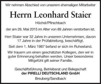 Traueranzeige von Leonhard Staier von Odenwälder Echo