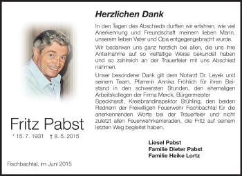 Traueranzeige von Fritz Pabst von Echo-Zeitungen (Gesamtausgabe)