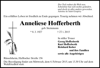 Traueranzeige von Anneliese Hofferberth von Rüsselsheimer Echo, Groß-Gerauer-Echo, Ried Echo