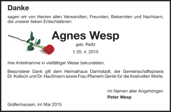 Traueranzeige von Agnes Wesp von Echo-Zeitungen (Gesamtausgabe)