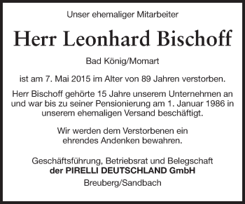 Traueranzeige von Leonhard Bischoff von Odenwälder Echo