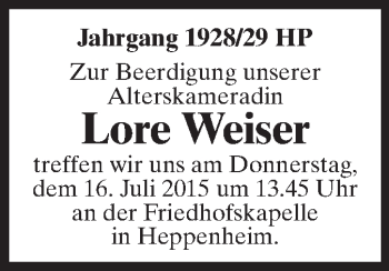 Traueranzeige von Lore Weiser von Starkenburger Echo