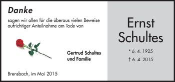 Traueranzeige von Ernst Schultes von Echo-Zeitungen (Gesamtausgabe)