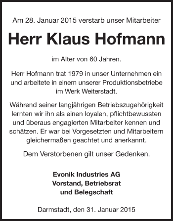 Traueranzeige von Klaus Hofmann von Echo-Zeitungen (Gesamtausgabe)