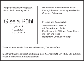 Traueranzeige von Gisela Rühl von Echo-Zeitungen (Gesamtausgabe)