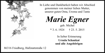Traueranzeige von Marie Egner von Odenwälder Echo