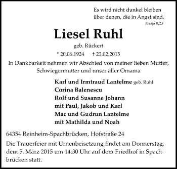 Traueranzeige von Liesel Ruhl von Echo-Zeitungen (Gesamtausgabe)