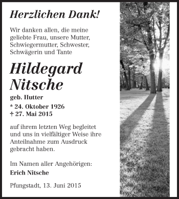 Traueranzeige von Hildegard Nitsche von Echo-Zeitungen (Gesamtausgabe)