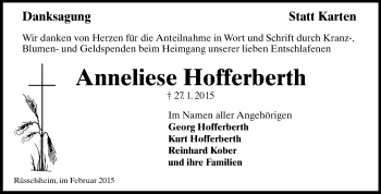Traueranzeige von Anneliese Hofferberth von Rüsselsheimer Echo, Groß-Gerauer-Echo, Ried Echo