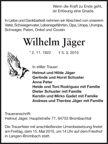 Traueranzeige von Wilhelm Jäger von Odenwälder Echo